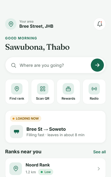 The eRanki passenger app home screen, showing a rank search, live queue status and nearby ranks